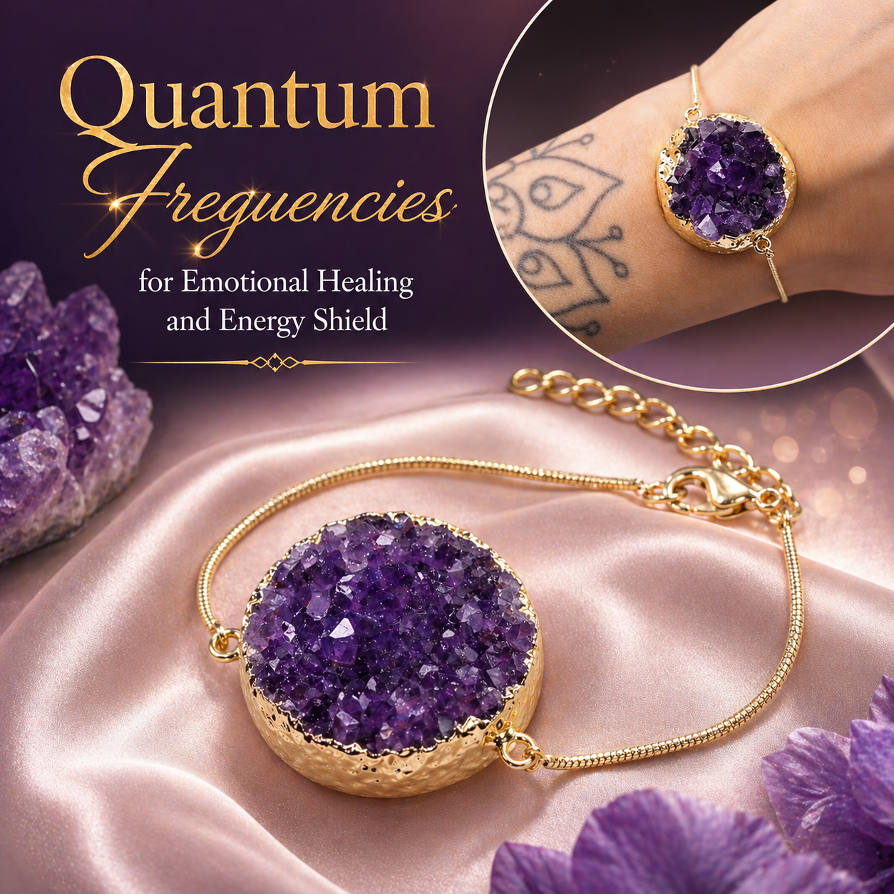 Amethyst Druzy Bracelet Charged with Emotional Healing & Energy Shield Frequencies
