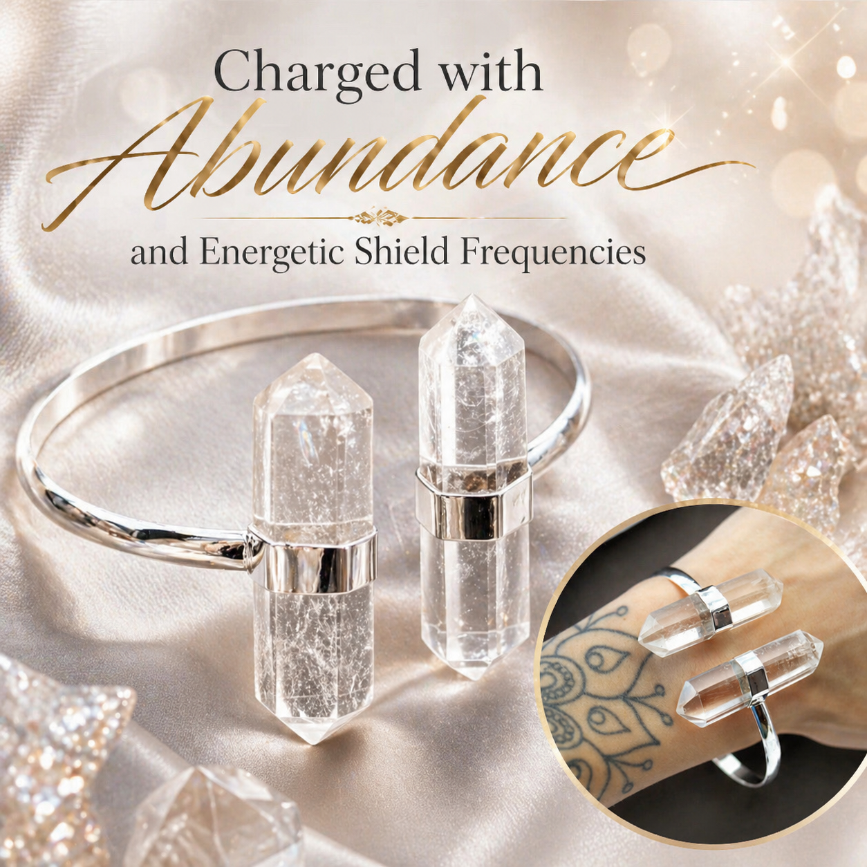 Clear Quartz Cuff Bracelet Charged with Abundance & Energy Shield Frequencies