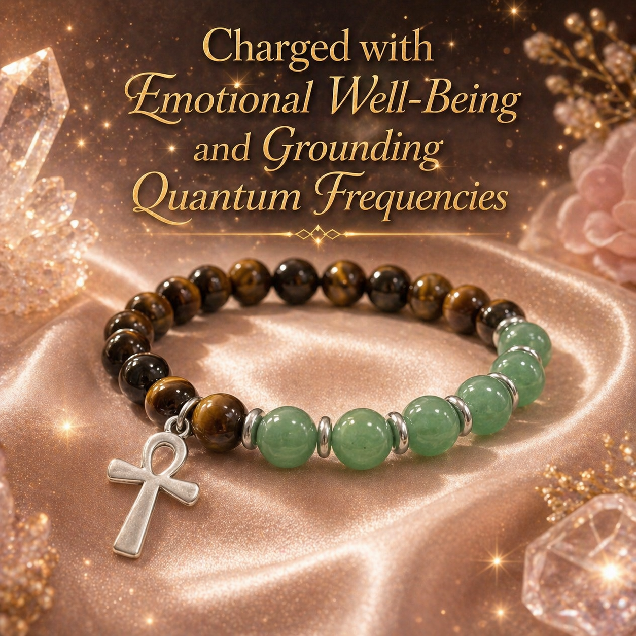 Tiger Eye & Green Aventurine Ankh Bracelet Charged with Emotional Well-Being & Grounding Frequencies