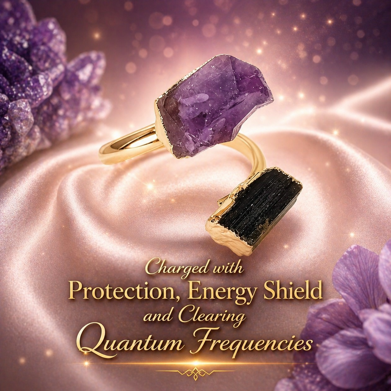 Amethyst & Black Tourmaline Ring Charged with Protection, Energy Shield & Clearing Frequencies
