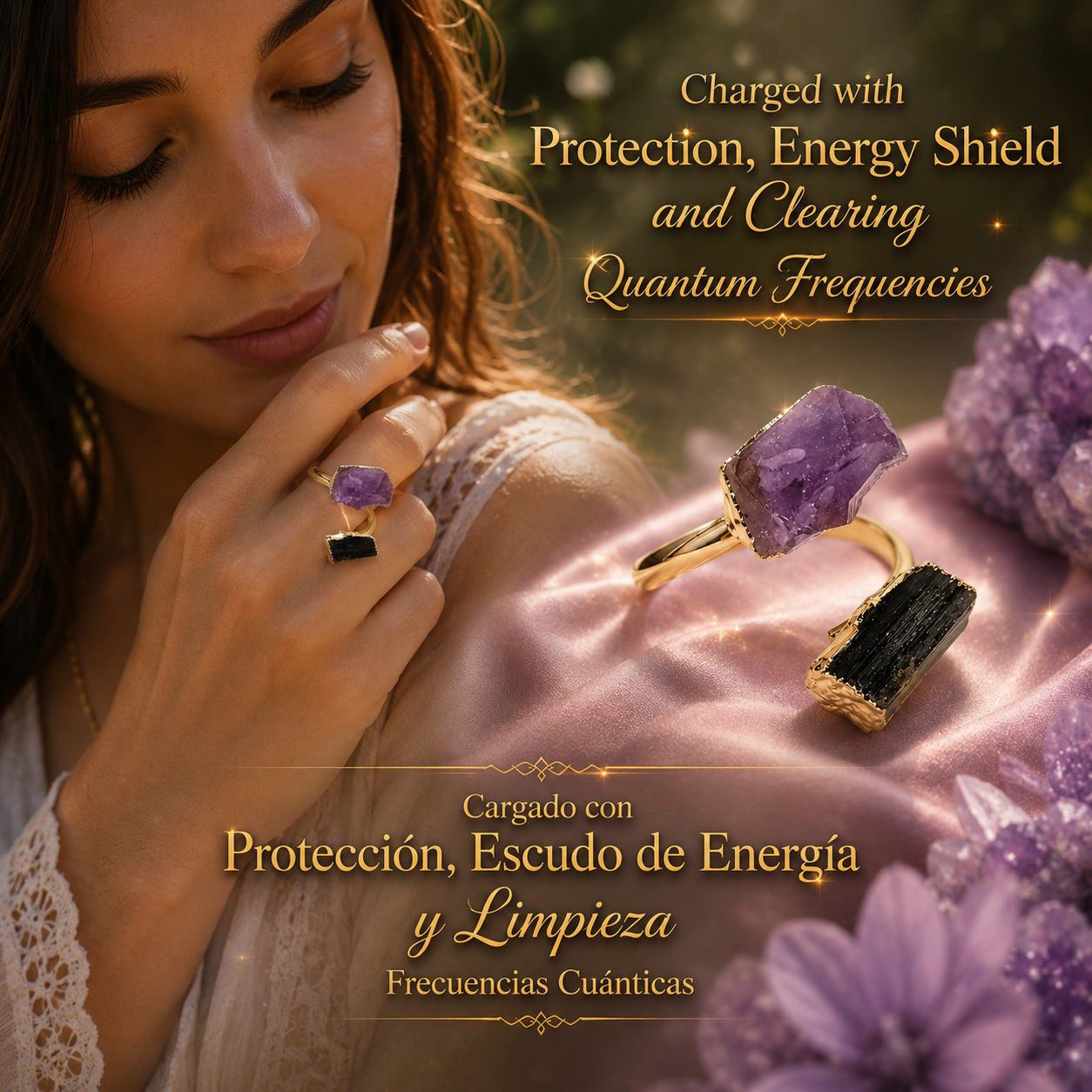 Amethyst & Black Tourmaline Ring Charged with Protection, Energy Shield & Clearing Frequencies
