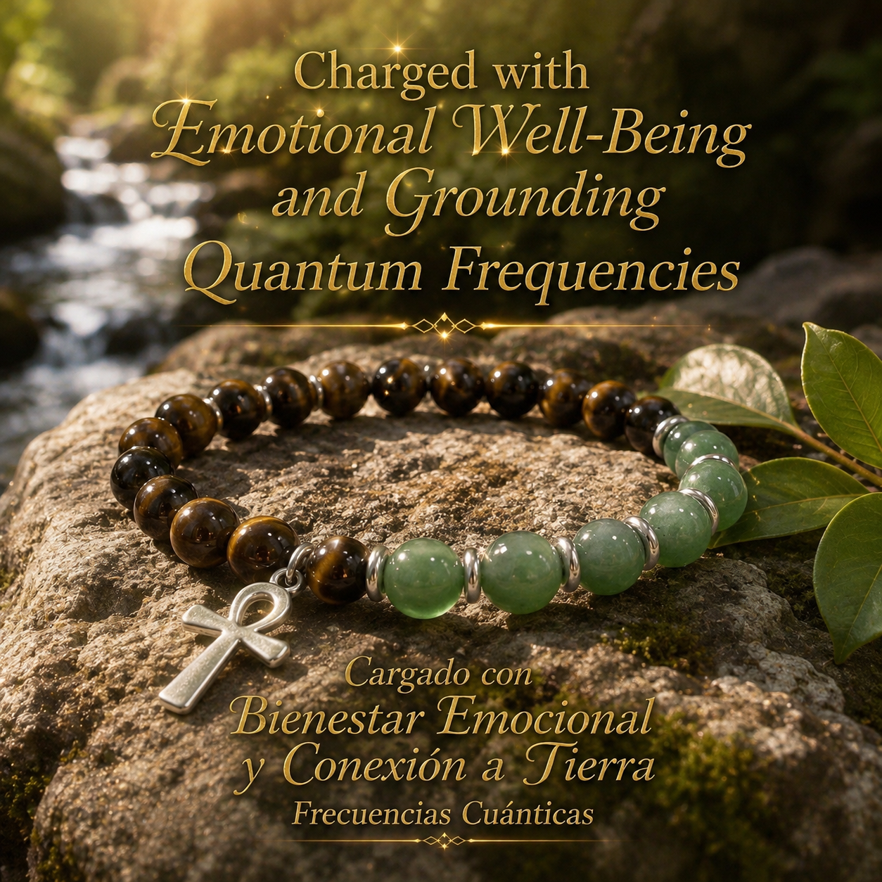 Tiger Eye & Green Aventurine Ankh Bracelet Charged with Emotional Well-Being & Grounding Frequencies